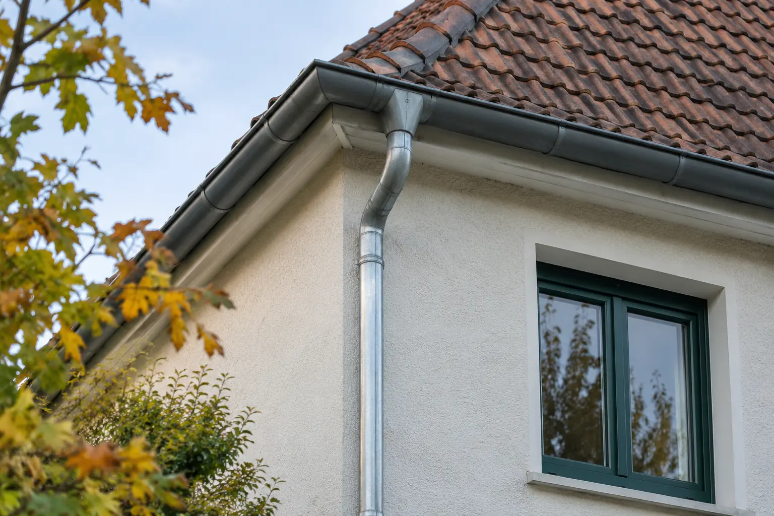 Dachrinne und Fallrohr an einer hellen Hausfassade mit grünem Fensterrahmen.