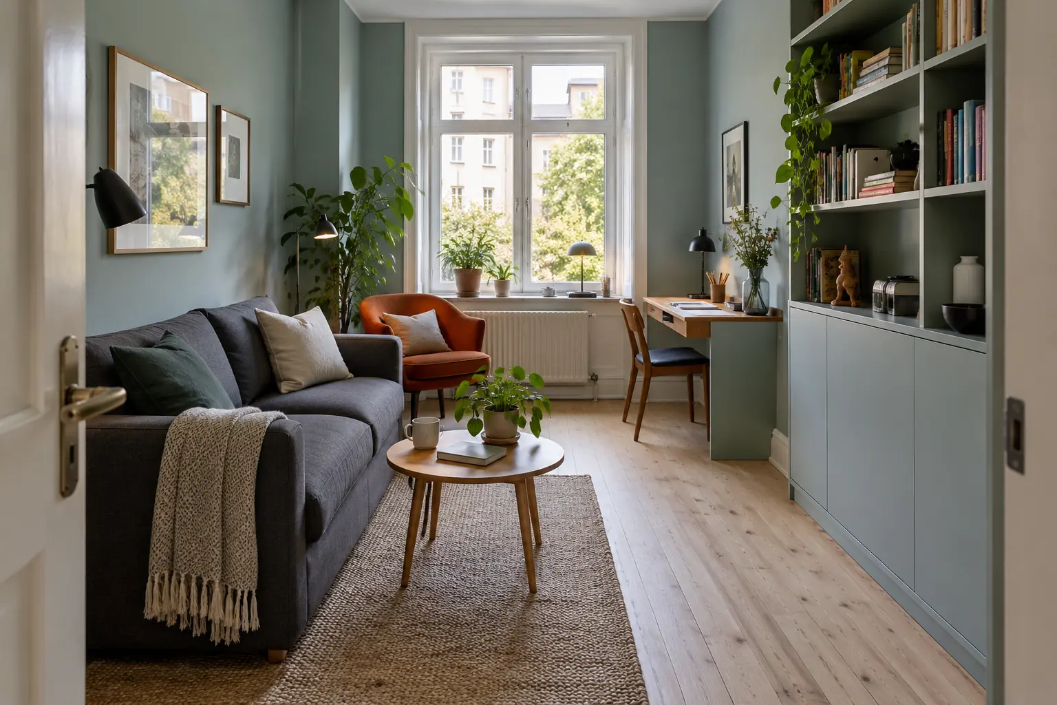 Kleiner Wohnraum mit Wandstauraum, Schreibtisch und freiem Durchgang.