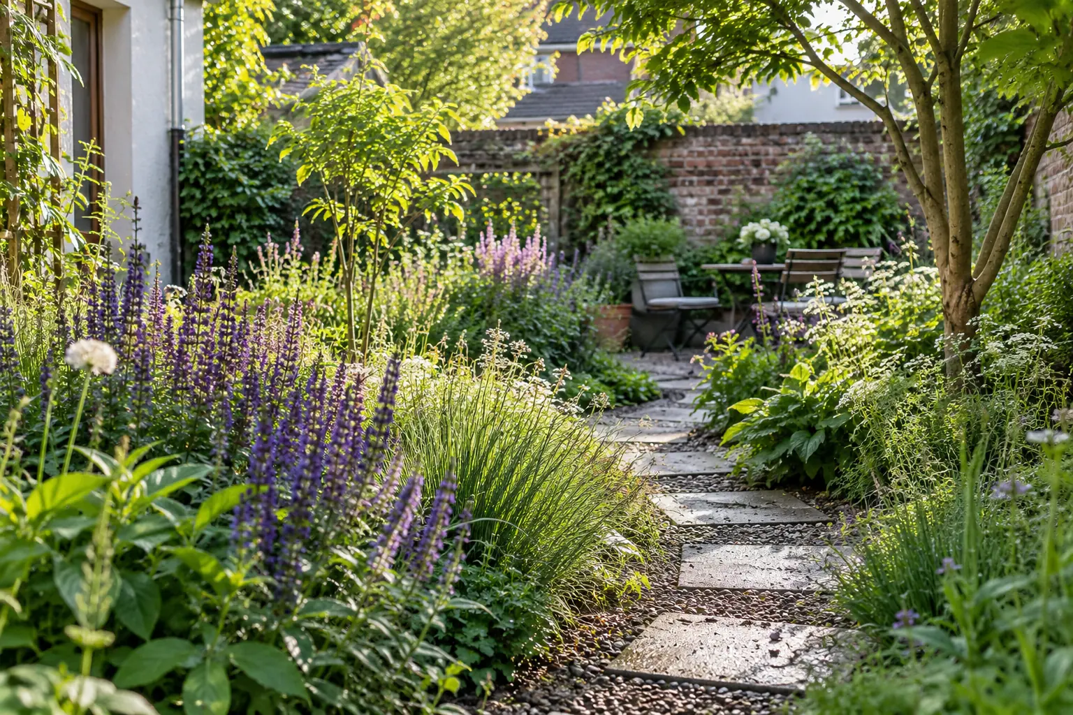 Schmaler Garten mit Steinweg, violetten Blüten und einem Sitzplatz im Grünen.