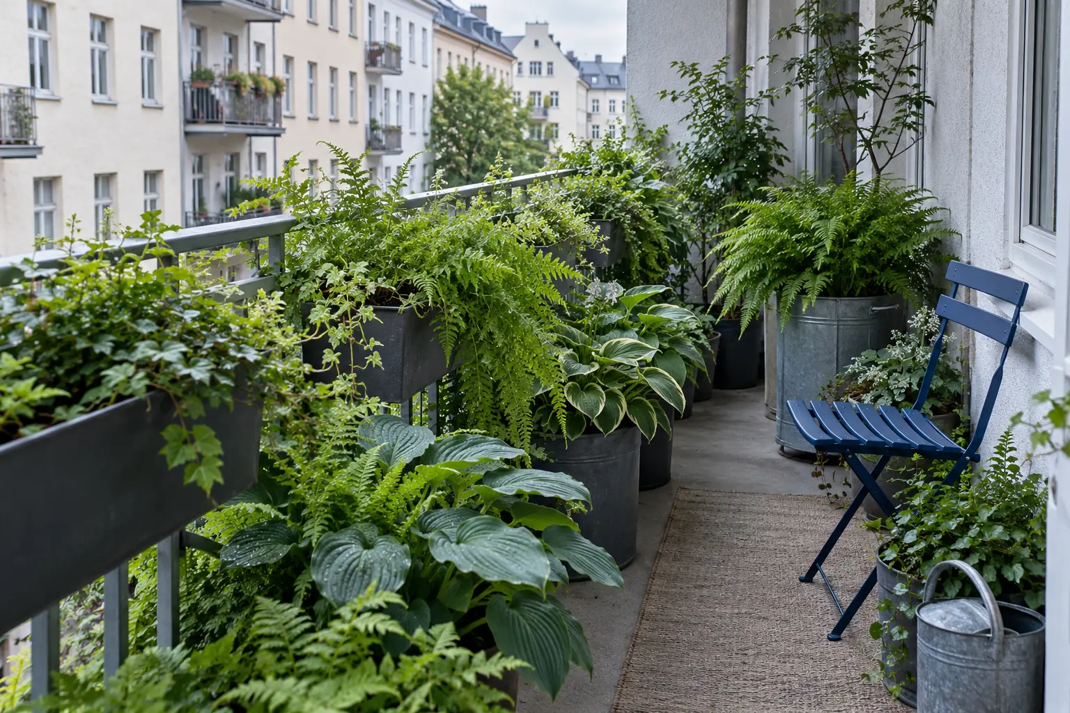 Schmaler Stadtbalkon mit Farnen, Funkien und einem blauen Klappstuhl im diffusen Tageslicht.