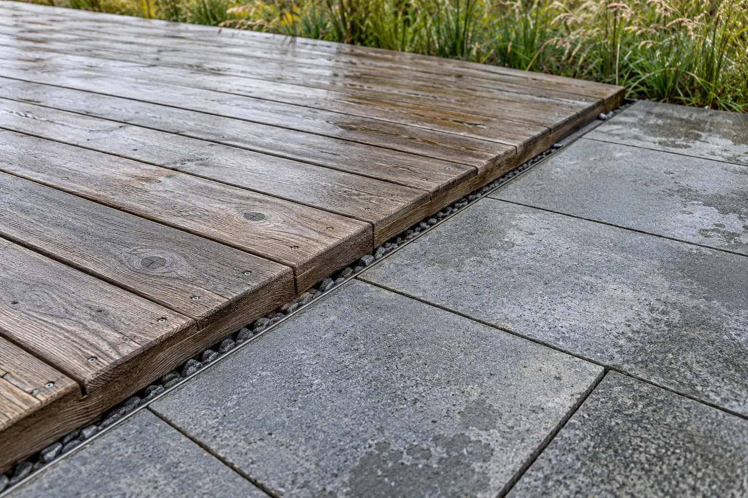 Nahaufnahme des Übergangs zwischen Holzdielen und grauen Steinplatten auf einer Terrasse.